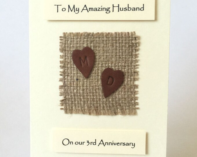3rd Wedding Anniversary Card Personalised Leather Anniversary Card Handmade