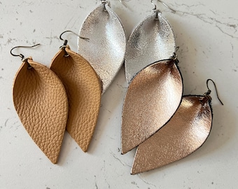 Leather Earrings Pinched Teardrop Leaf Petal Earrings Metallic Gold Silver Fudge Mother's Day Gift