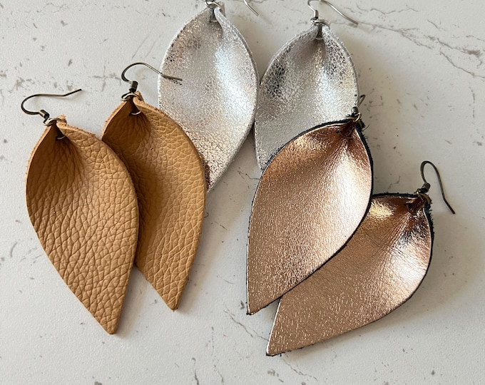 Leather Earrings Pinched Teardrop Leaf Petal Earrings Metallic Gold Silver Fudge Mother's Day Gift
