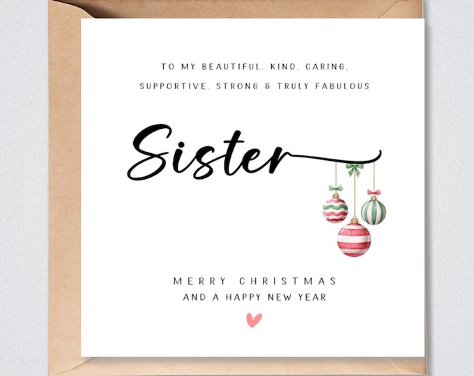 Sister Christmas Card Red Green Baubles Xmas Card Sister