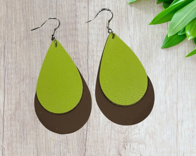 Leather Earrings Teardrop Double Layer Brown and Lime Green Christmas Gift Dangle Earrings Boho