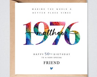 50th Birthday Card, Personalised 1976 for Him or Her, Friend, Husband, Wife, Brother, Sister