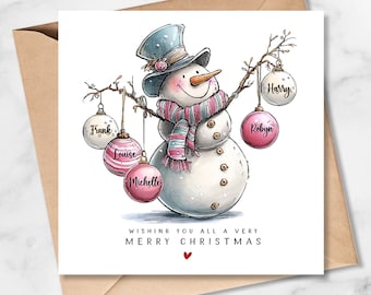 Family Christmas Card, Personalised Snowman and Baubles, 2-9 Family Members