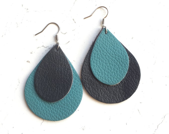 Leather Earrings Teardrop Double Layer Navy Blue and Turquoise Mothers Day Gift Dangle Earrings Boho
