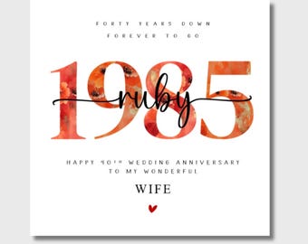 40th Wedding Anniversary Card 1985 Ruby 40 Years Down