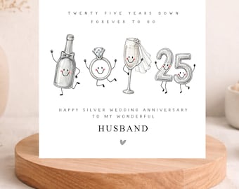 25th Wedding Anniversary Card, Silver Milestone, Wife Husband Him Her Couple