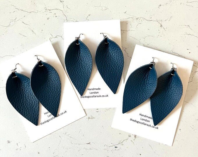 Leather Earrings Deep Blue Petal Leaf Teardrop Fashion Statement Earrings Boho