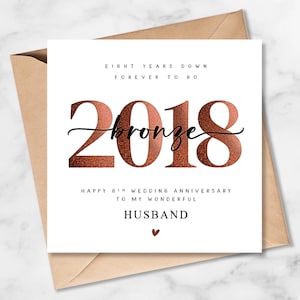 8th Wedding Anniversary Card, Bronze 2018, Him,Her