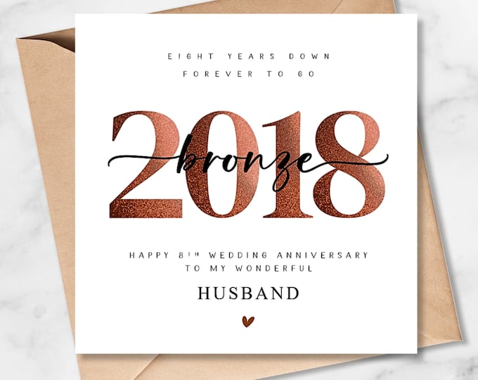 8th Wedding Anniversary Card, Bronze 2018, Him,Her