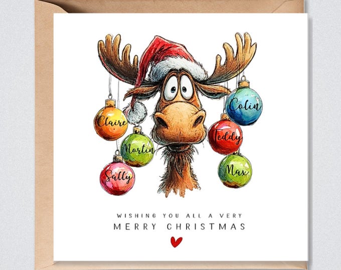 Personalised Family Christmas Card Moose Baubles