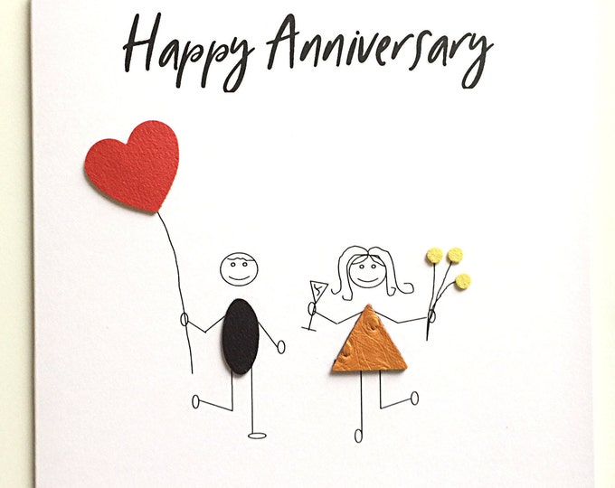 Anniversary Card Stick People Vegan Faux Leather Wedding Anniversary Card Him Her Couple