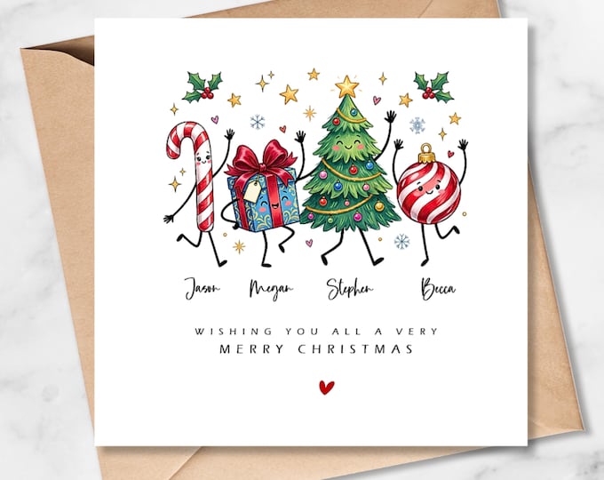 Personalised Family Christmas Card, Family of Four, Christmas Doodle Characters