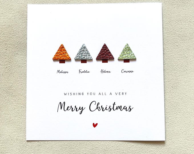 Family of 4 Personalised Christmas Card, Leather Trees