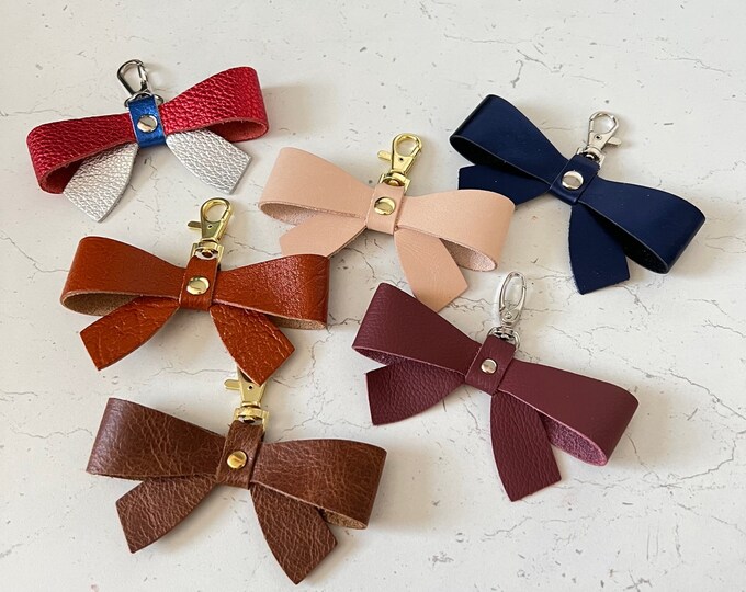 Leather Bows Bag Charms Purse Charms Natural Vachetta Navy Tan Brown Red Silver Blue