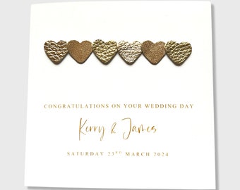 Wedding Day Card Personalised Gold Leather Hearts