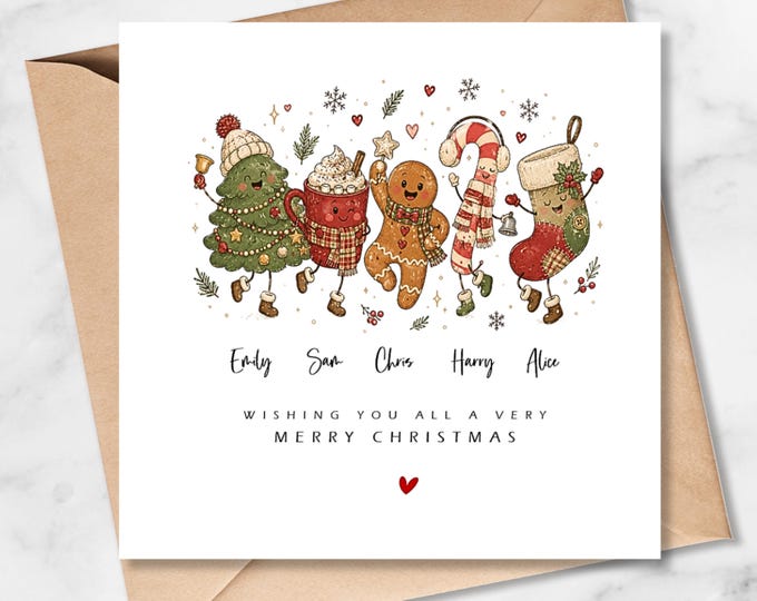 Personalised Family Christmas Card, Family of Five, Christmas Doodle Characters