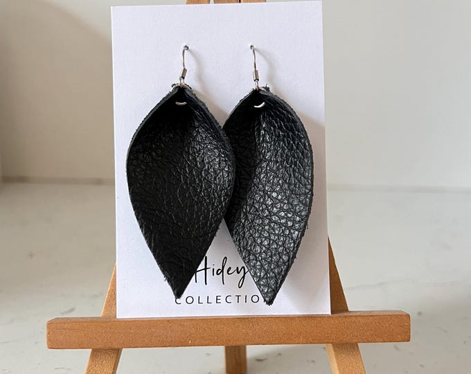 Leather Earrings Black Petal Leaf Teardrop Fashion Statement Earrings Boho