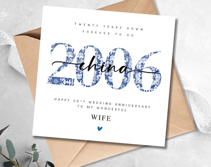 20th Wedding Anniversary Card, China, for Him Her
