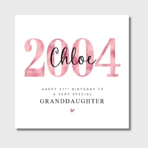 Carte d'anniversaire personnalisée pour 21 ans, fille, petite-fille, soeur, nièce, ami, 2004
