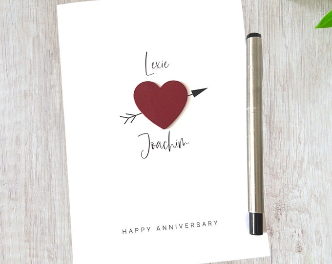 Personalised Anniversary Card Any Year Leather Heart Cupids Bow