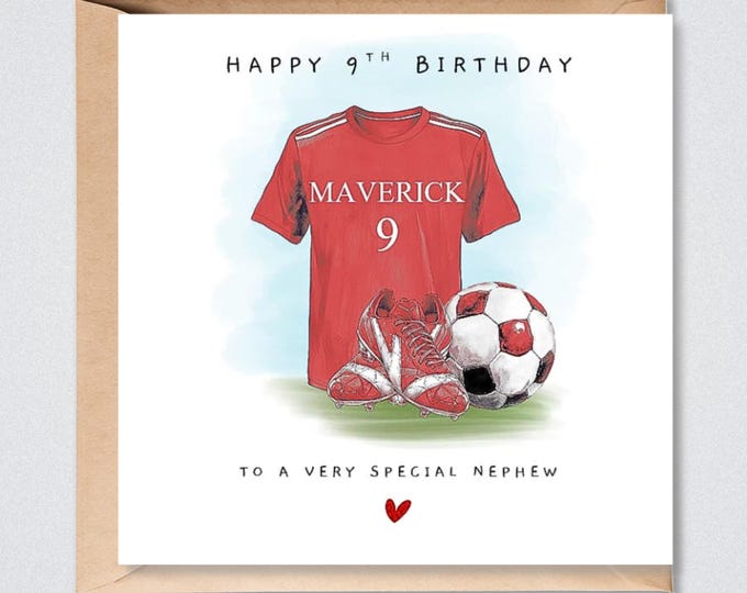 Personalised 9th Birthday Card, for Him, Red Football Kit, any age