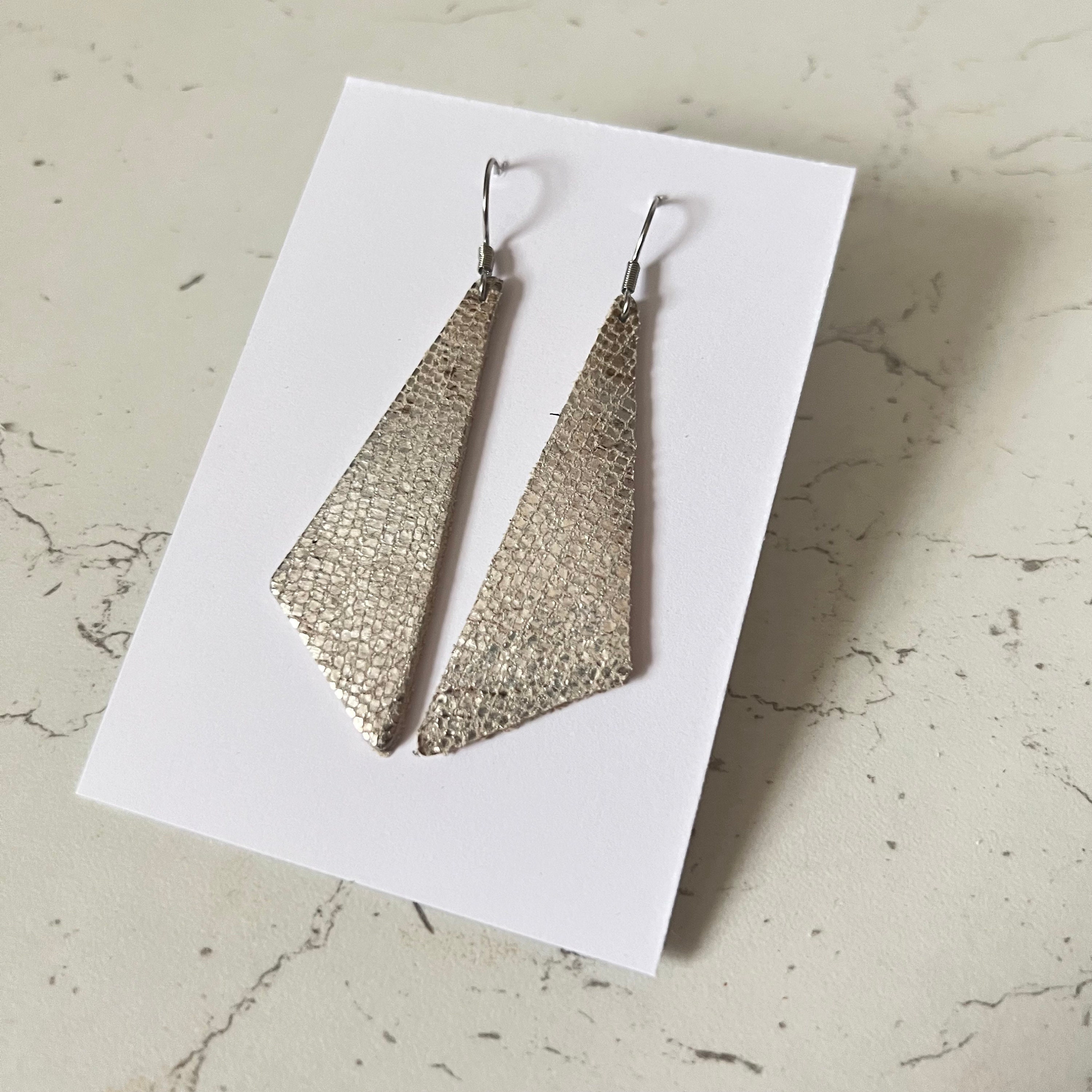 Metallic Leather Earrings Triangle Embossed Snake Stainless Steel