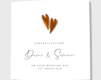 Wedding Day Card Personalised Bride and Groom 2 Copper Hearts