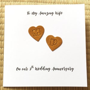 Carte d'anniversaire de mariage personnalisée pour 9e anniversaire de mariage, coeurs caramel en cuir, faits main