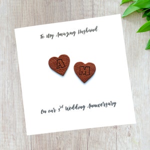 Personalised 3rd Wedding Anniversary Card Leather Anniversary Brown Hearts