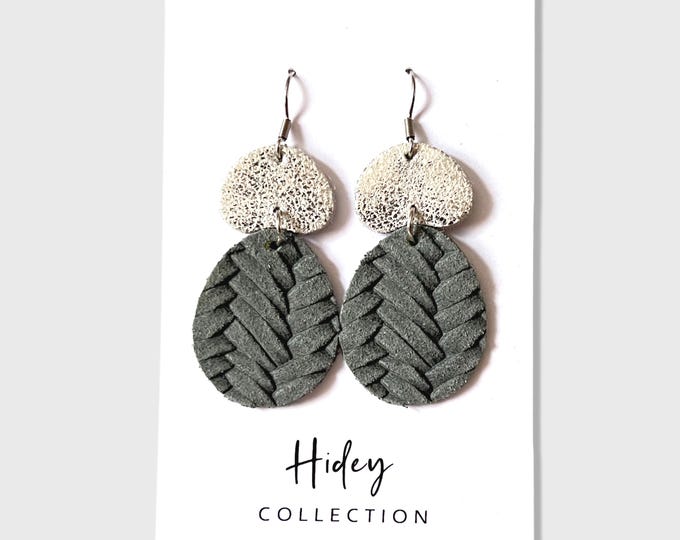 Leather Teardrop Earrings Seafoam Green and Metallic Silver with Stainless Steel Hooks