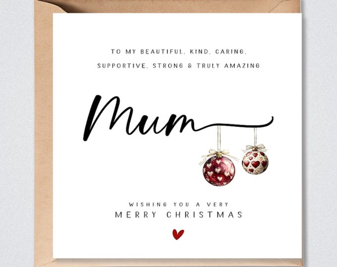 Mum Christmas Card Red Gold Xmas Heart Baubles