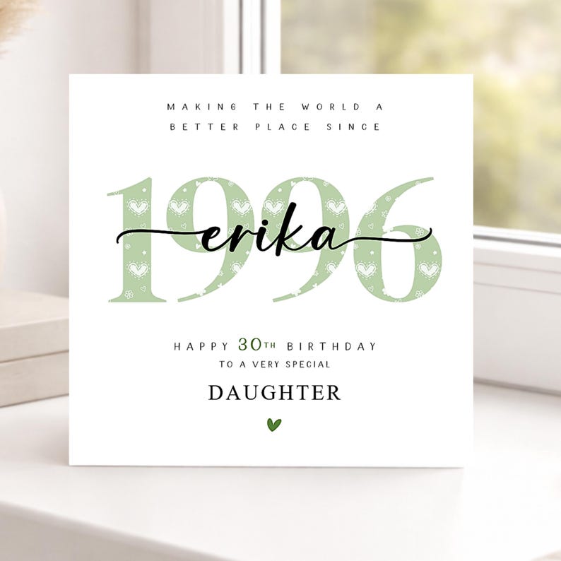 May include: A square greeting card with a white background featuring the text "MAKING THE WORLD A BETTER PLACE SINCE 1996" in black. The year 1996 is in large sage green numbers with a white heart pattern. The name "erika" is in black script.