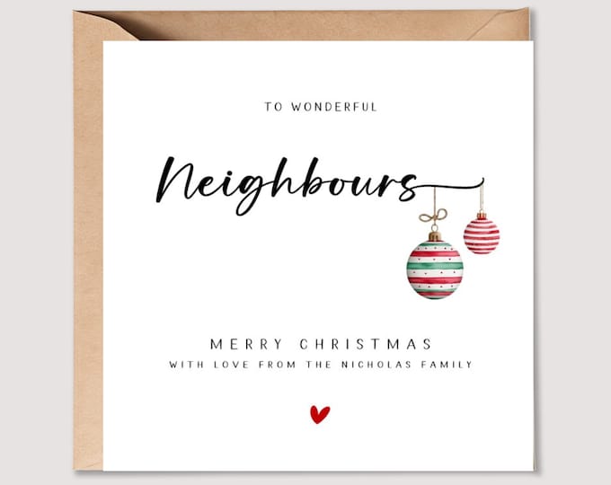 Personalised Christmas Card Wonderful Neighbours Red Green Baubles Xmas Card