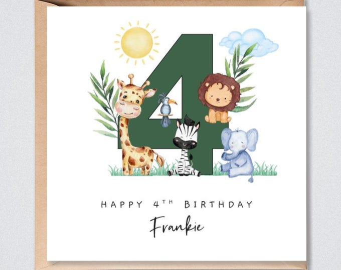 4th Birthday Card, Personalised, Him, Her Grandson, Granddaughter, Safari Animals