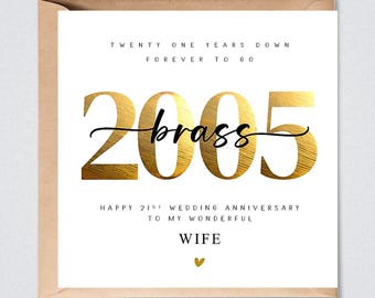 21st Wedding Anniversary Card, Brass 2005, Him, Her