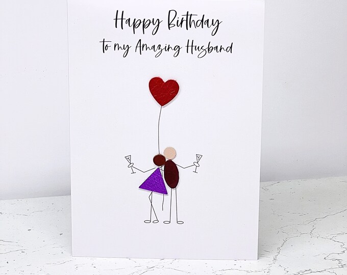 Happy Birthday Amazing Husband Little People Stick Men Couple Cards Leather Faux Vegan Cork 5"x7"