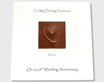 8th Wedding Anniversary Card Bronze Wire Heart on Leather