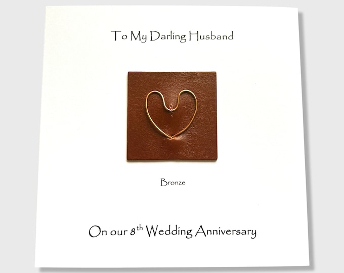 8th Wedding Anniversary Card Bronze Anniversary Leather Bronze Heart Husband Wife Him Her