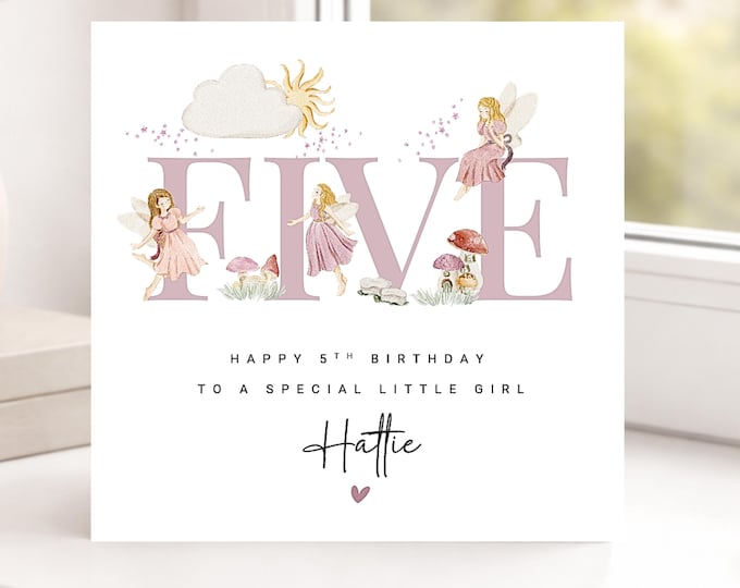 Personalised 5th Birthday Card for Her, pink with Fairies