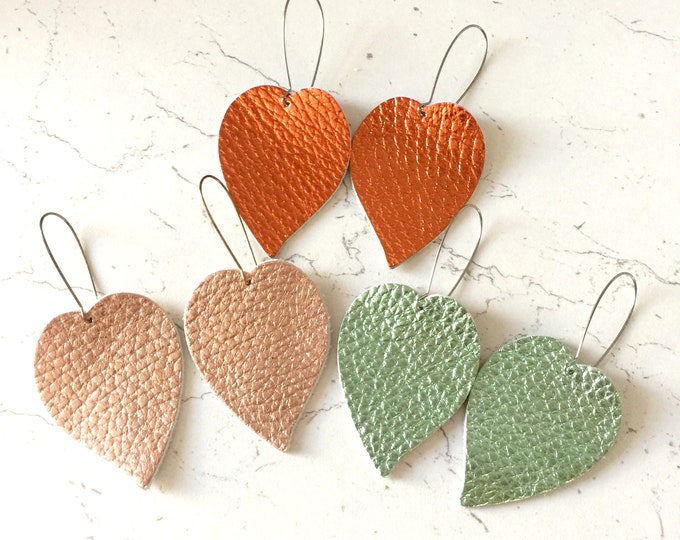 Metallic Leather Earrings Rose Gold Mint Copper-Orange Italian Leather 3" Drop Earrings