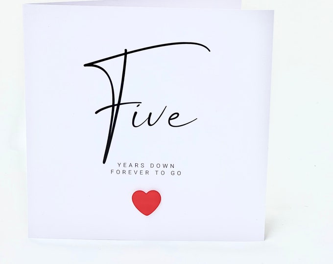 5th Wedding Anniversary Card 5 Years Down Wood Anniversary Card Red Wood HeartHim Her Husband Wife