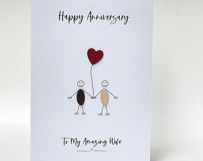 Large Anniversary Card Little People Stick Couple Leather Faux Cork Him Her Husband Wife Couple