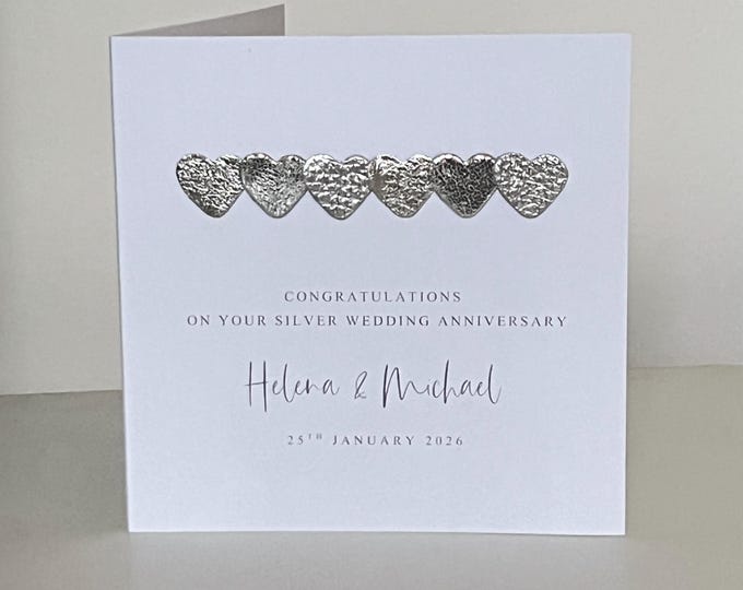 Personalised 25th Wedding Anniversary Card, Silver Leather Hearts