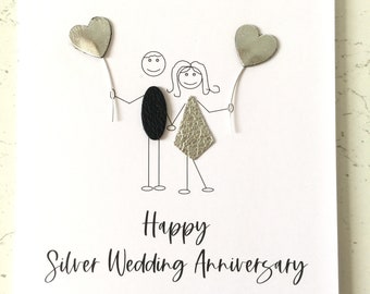 Silver Wedding Anniversary Card 25th Anniversary Little People Him Her Couple