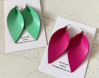 Leather Earrings Fuchsia Spearmint Petal Leaf Teardrop Fashion Statement Earrings Boho