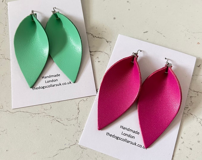 Leather Earrings Fuchsia Spearmint Petal Leaf Teardrop Fashion Statement Earrings Boho