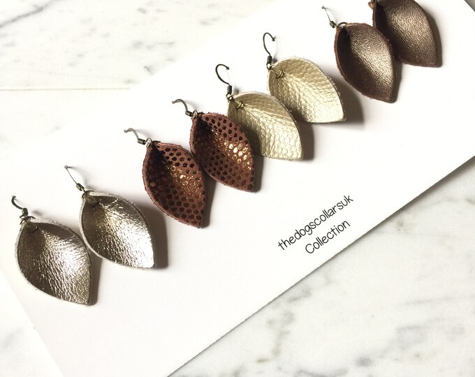 Genuine Leather Earrings Small Pinched Teardrop Leaf Gold, Metallic, Bronze