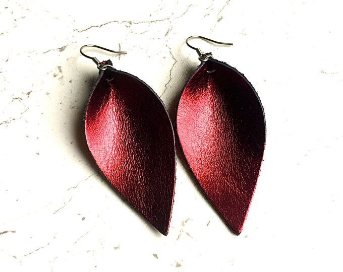 Leather Earrings Metallic Red Petal Leaf Teardrop Mothers Day Gift Fashion Statement Earrings Boho