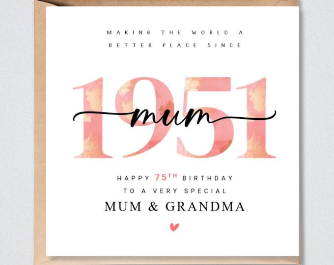 75th Birthday Card 1951, Personalised Mum Grandmother Sister