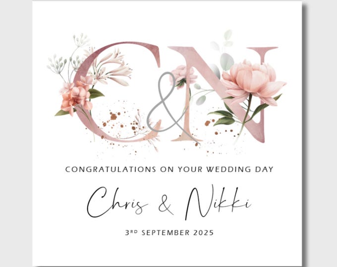 Wedding Day Card Personalised Dusky Pink Floral Initials